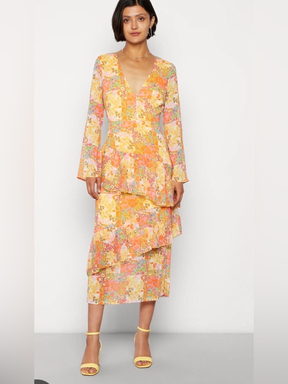 Never Fully Dressed Primrose Palma Maxi Dress Orange Yellow Pink Long Sleeve XL